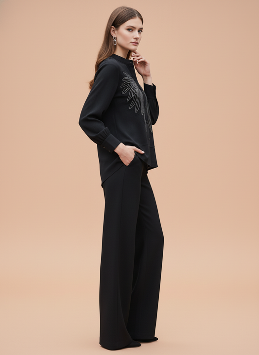 Elegant Black Embellished Shirt & Wide-Leg Pants Set