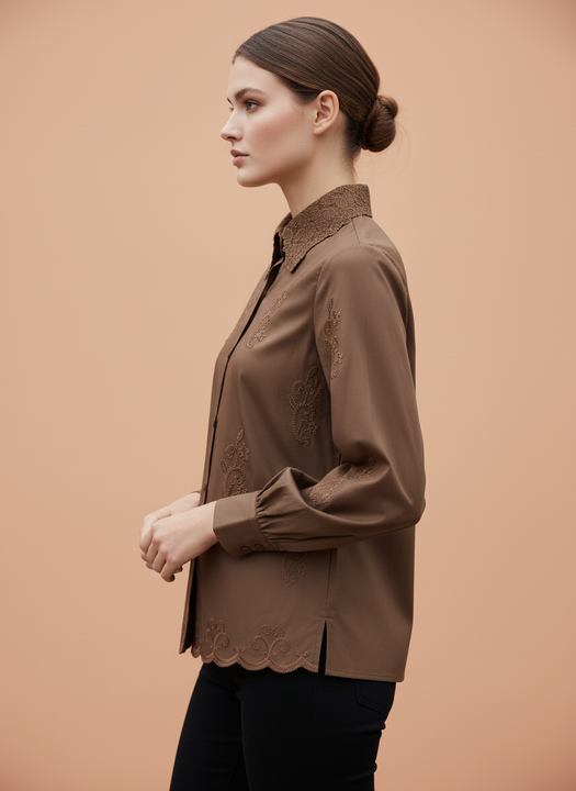 Elegant Brown Embroidered Women’s Shirt