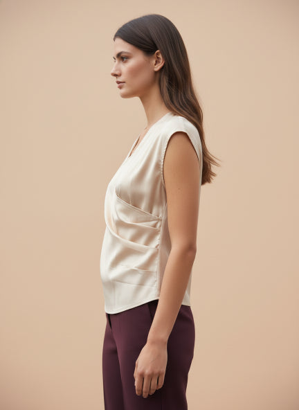 European Satin V Neck Pleated Sleeveless Top