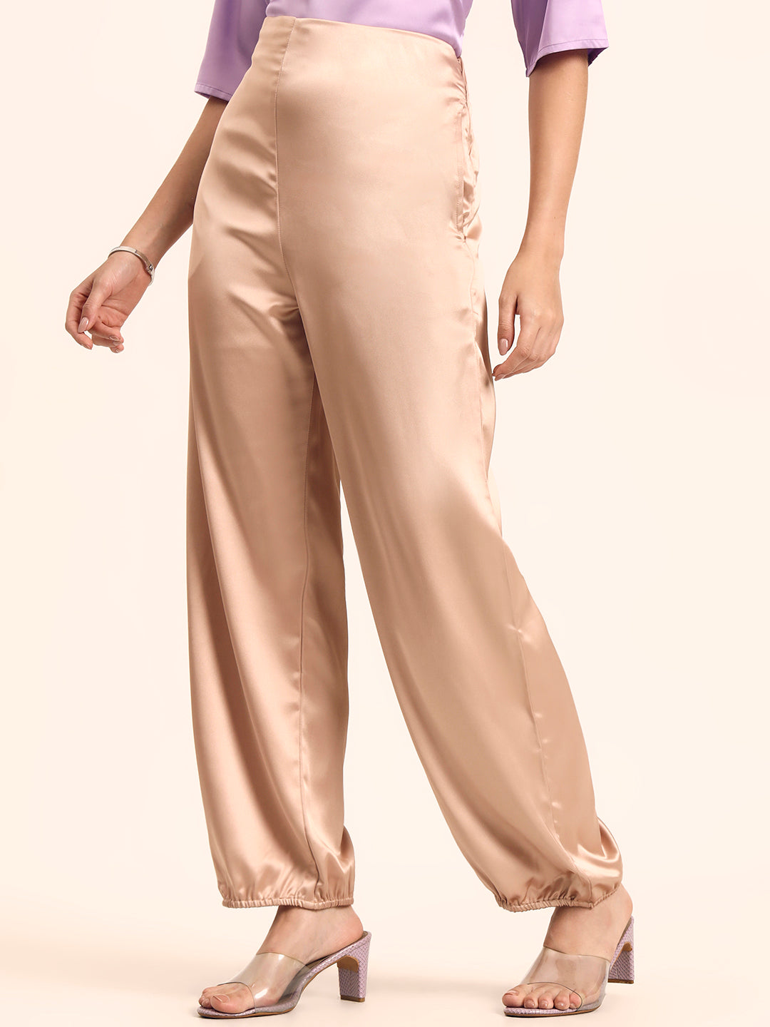 Luxury Satin Wide Leg Pants European Fabric  Light Beige Glam Look