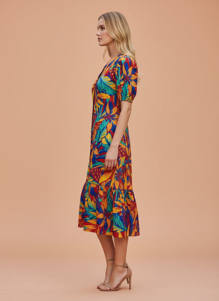 Rayon Printed Puff Sleeve A Line Front Button Maxi Dress