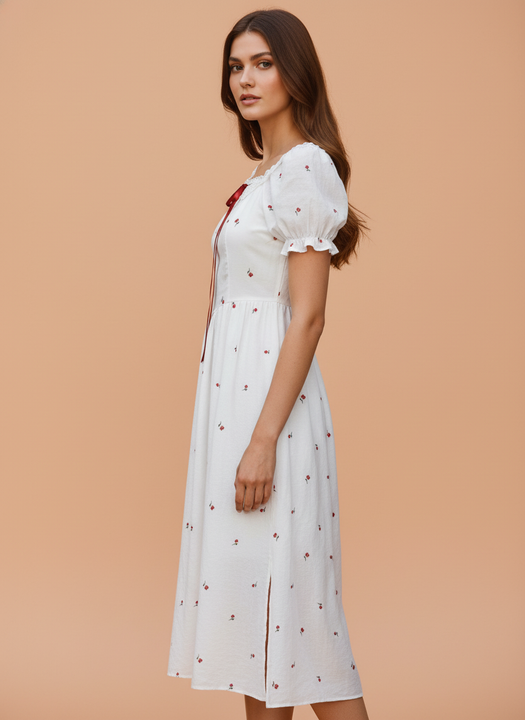 Elegant White Floral Printed Midi Dress for Women
