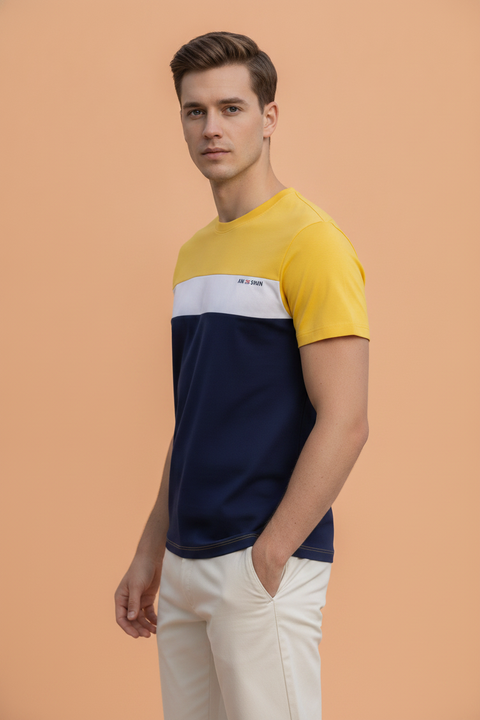 Mens Cotton Rich Lycra Colourblock Printed Half  Sleeve Crew Neck T-Shirts