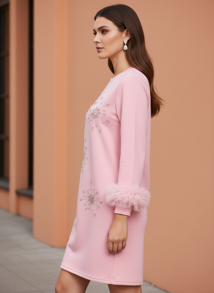 Elegant Pink Embellished Shift Dress with Ruffle Sleeves