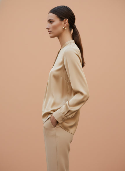 Summer Satin Gold Front Pleated Tunic