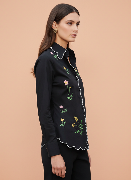 Elegant Black Floral Embroidered Scallop Edge Shirt for Women