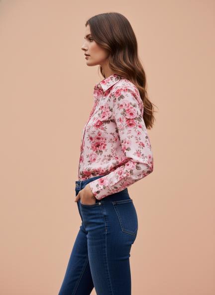 Premium Organza Pink And Green Regular Length Straight Hem Digital Print Shirt