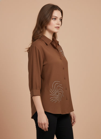Brown Beaded Spiral Linen Shirt |