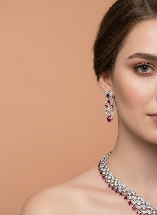 Luxury Ruby Red Cubic Zirconia Bridal Necklace & Earrings Set