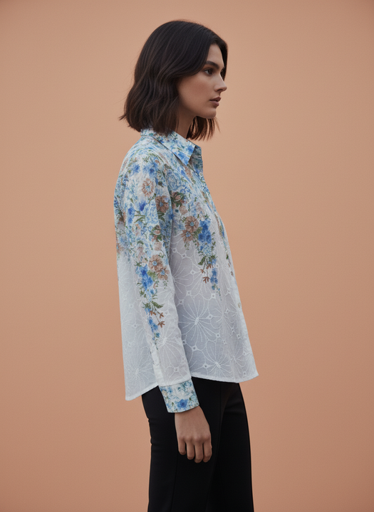 White Blue Floral Embroidered Shirt for Women
