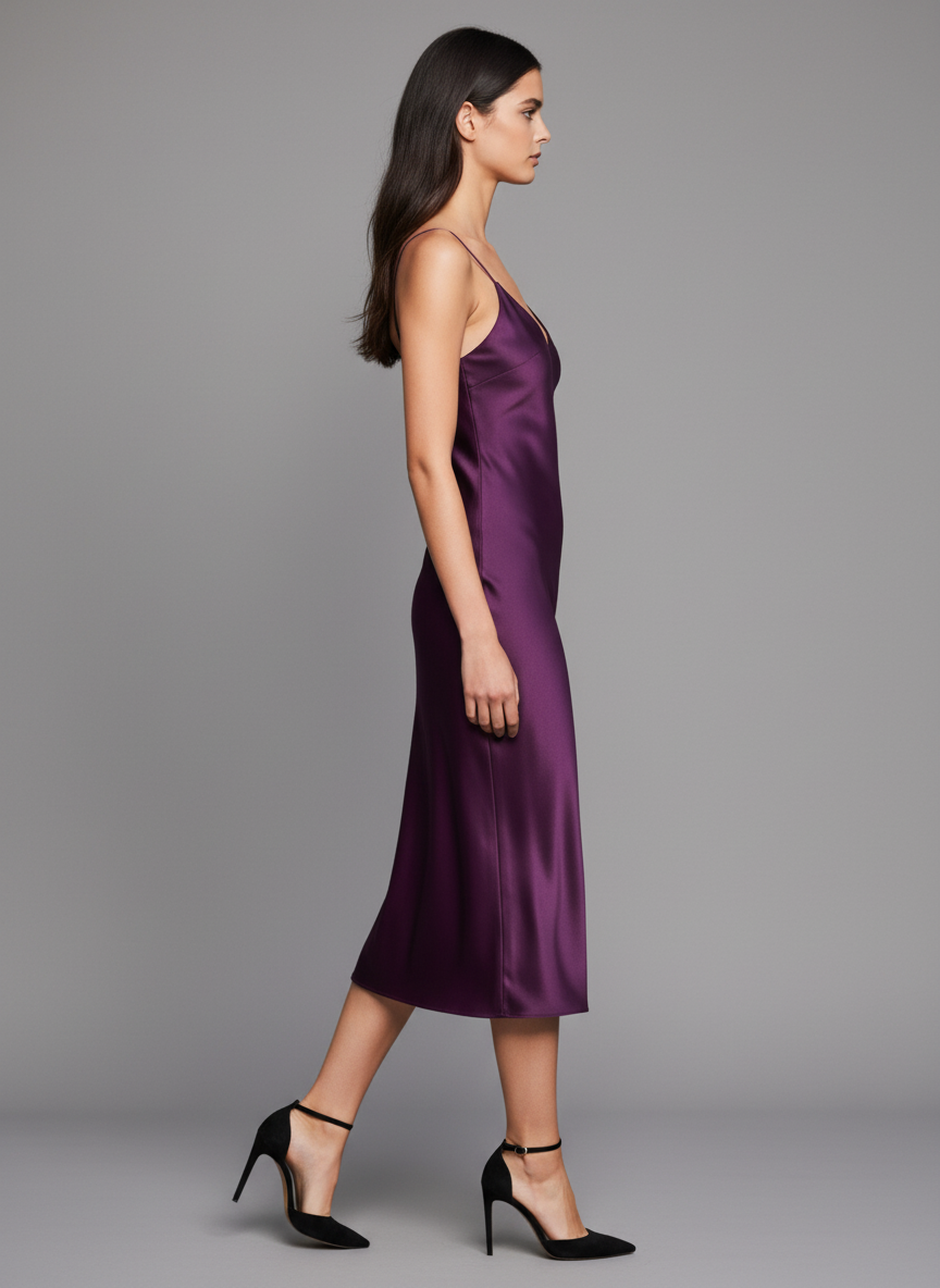Women’s Luxury Satin Midi Dress Deep Plum Spaghetti Strap