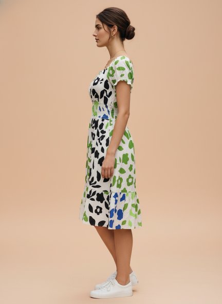 Rayon Printed Striped Smocked Midi Dress