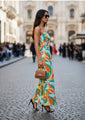 Satin Digital Print  Maxi Dress With Slash Pocket