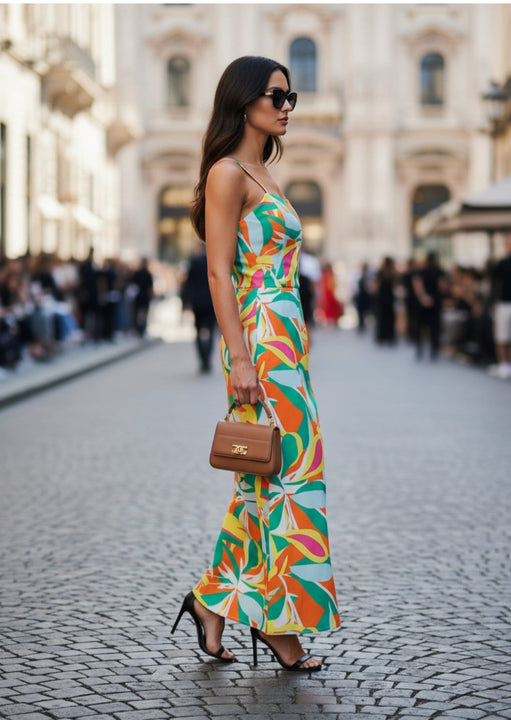 Satin Digital Print  Maxi Dress With Slash Pocket