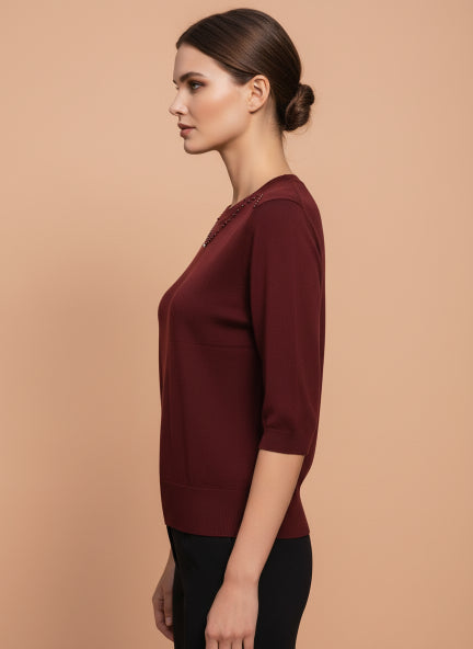 Elegant Burgundy Half Sleeve Knit Top with Embellished Neckline