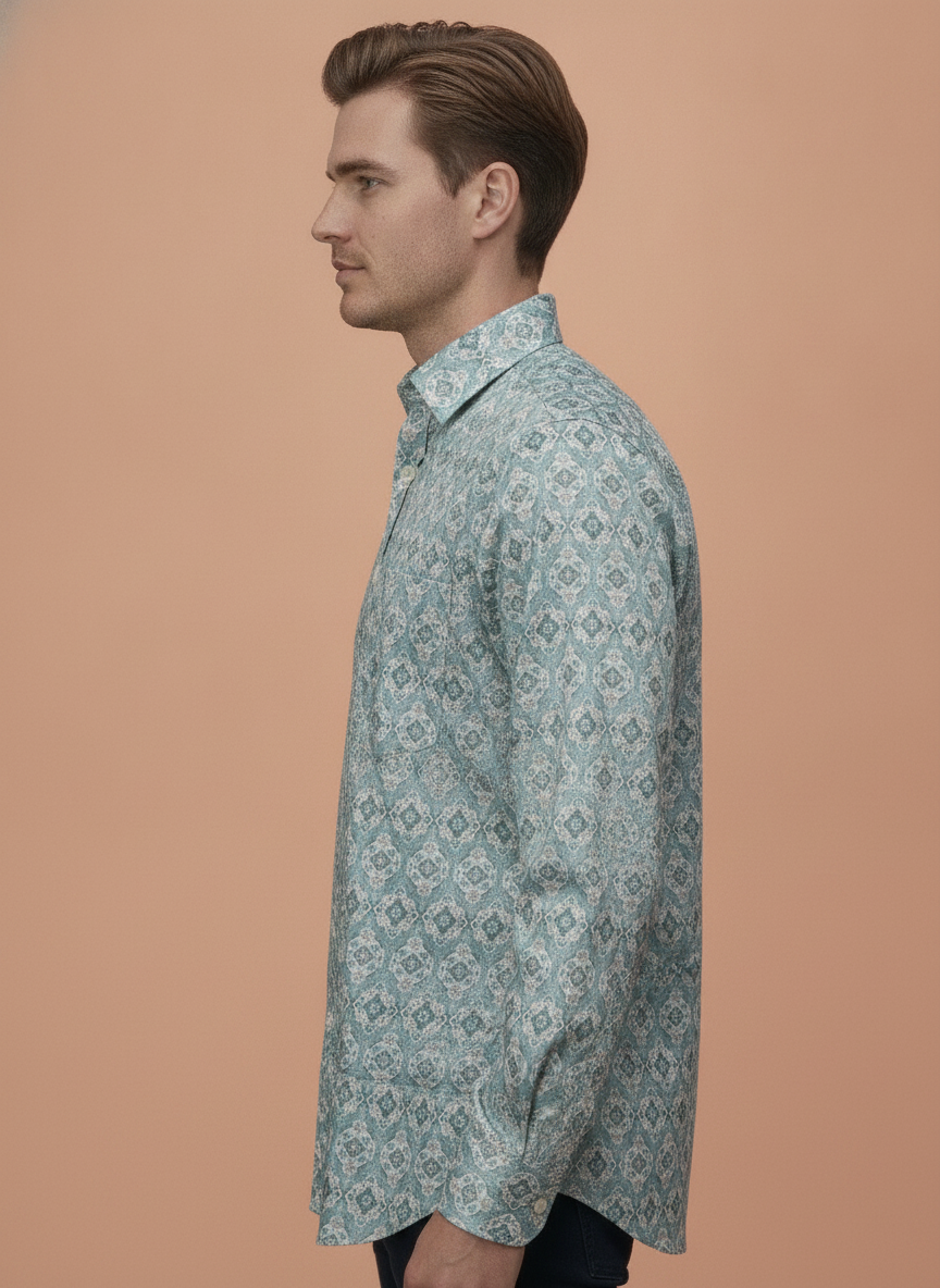Men'S Poly Satin Lycra Blue Digital Printed Shirt