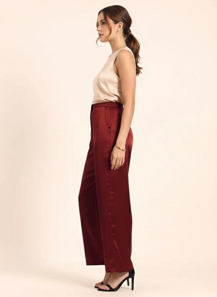 Satin Wide Leg Pants European Fabric  Wine Red Glam Look