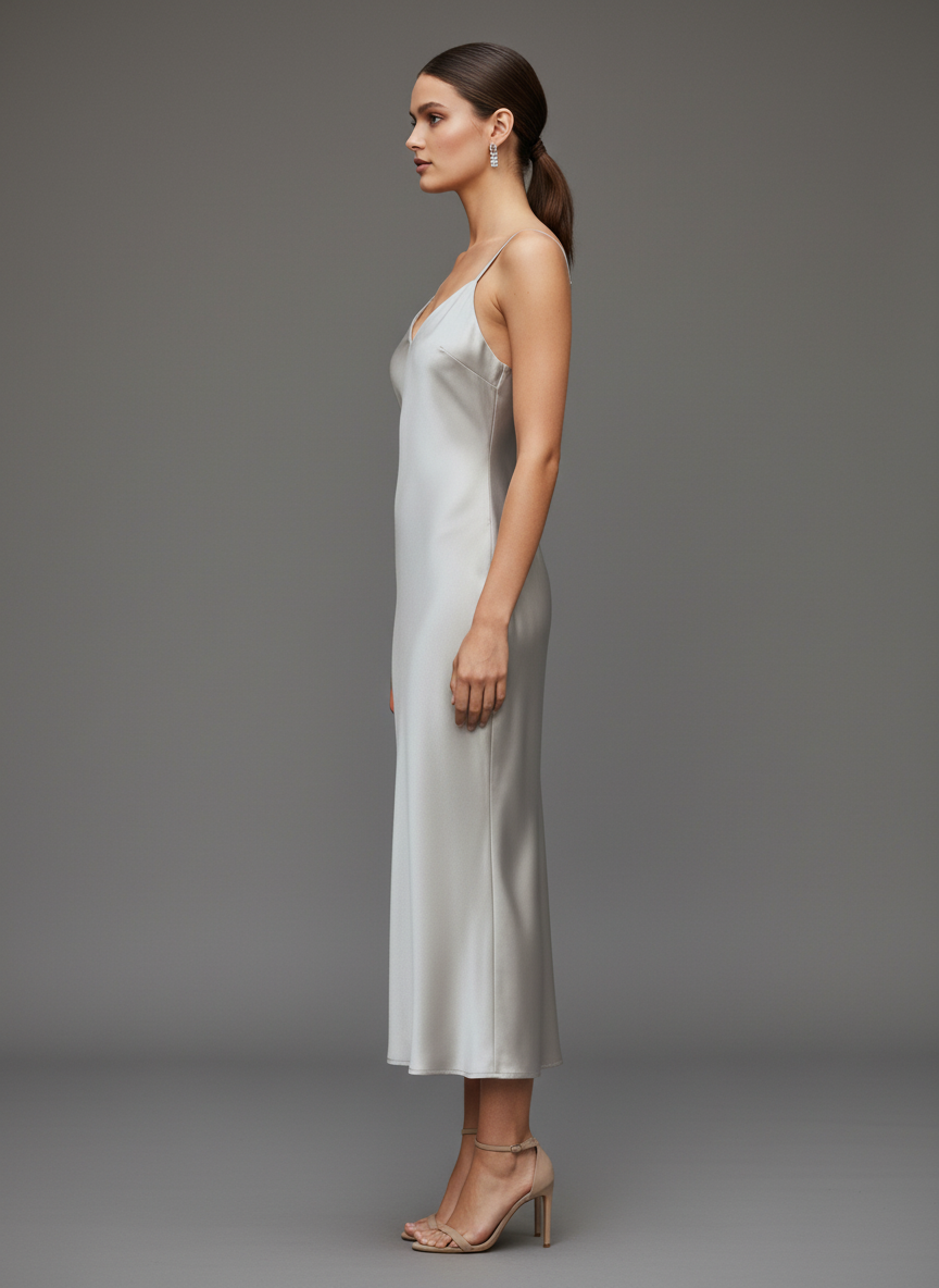 Women's Luxury Satin Silver Grey V-Neck Midi Dress