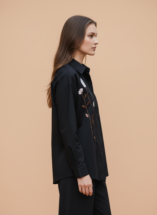 Elegant Black Floral Embroidered Shirt for Women