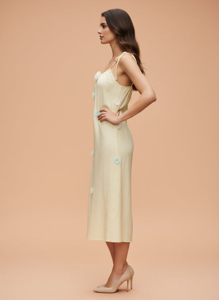 Elegant Floral Strap Midi Dress  Soft Pastel Yellow