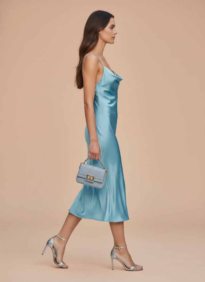 Women’s Luxury Satin Midi Dress Aqua Spaghetti Strap