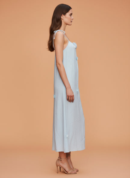 Sky Blue Floral Appliqué Midi Dress