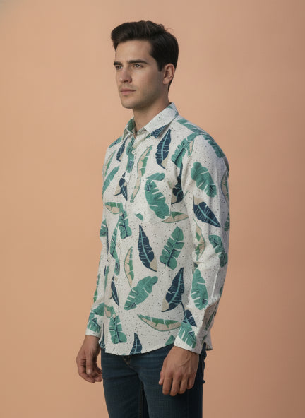 Men'S Premium Rayon Shirt With Classic White & Green Tropical Print