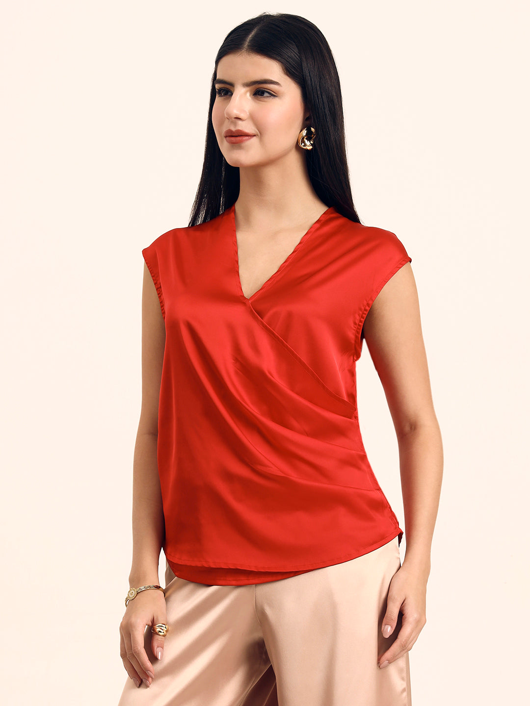 Women's Luxury European Satin V Neck Pleated Sleeveless Top