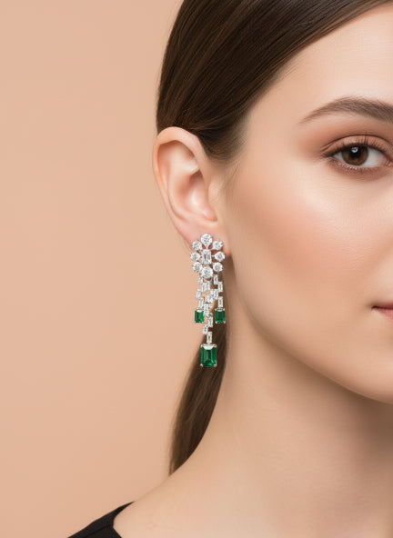 Luxury Silver-Tone Cubic Zirconia Floral Drop Necklace & Emerald Dangle Earrings Set