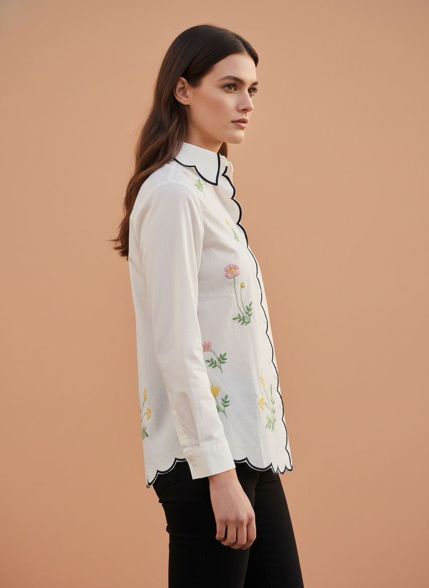 Elegant Ivory Floral Embroidered Scallop Edge Shirt for Women