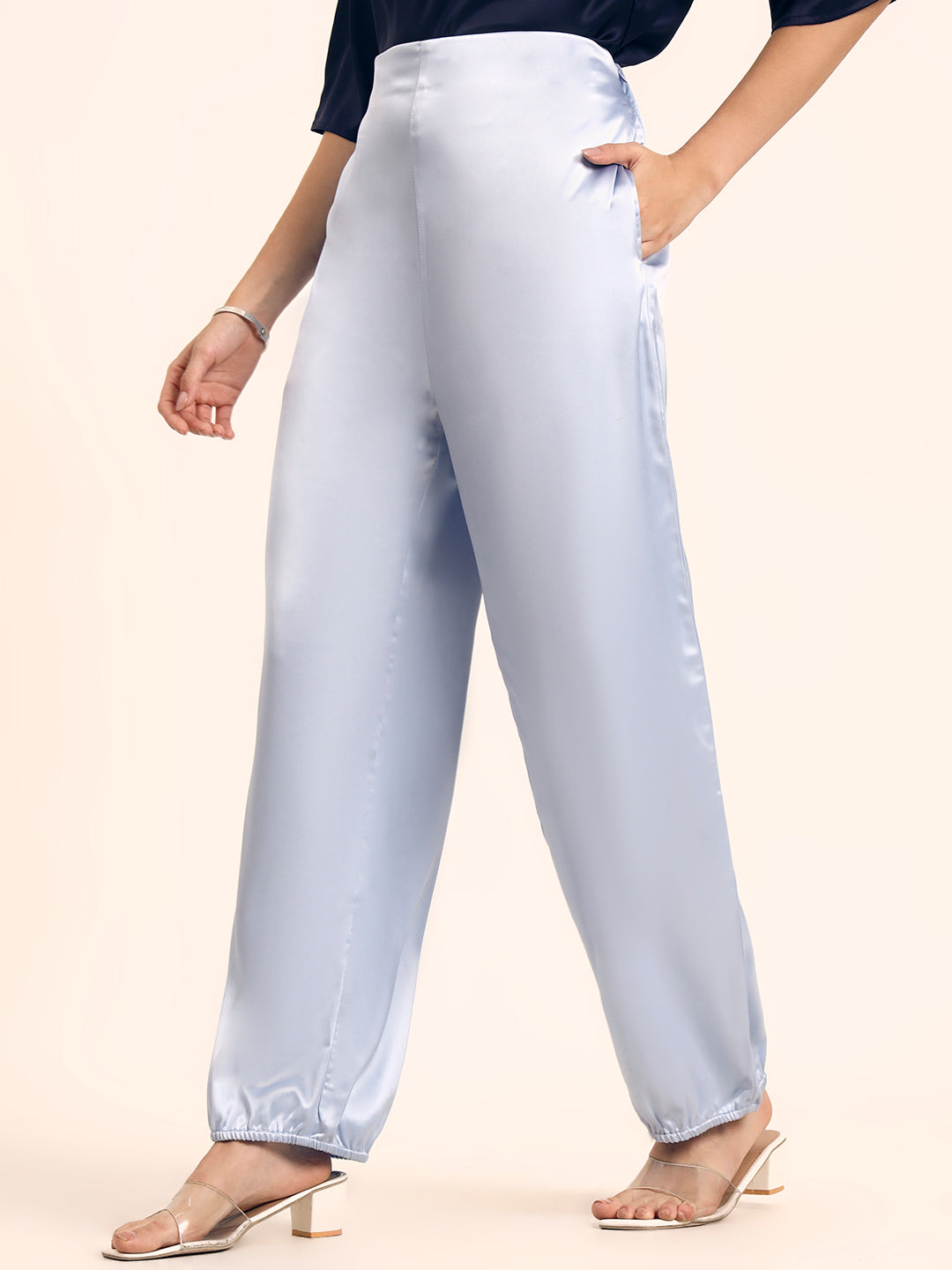 Luxury Satin Wide Leg Pants European Fabric  Ice Blue Glam Look