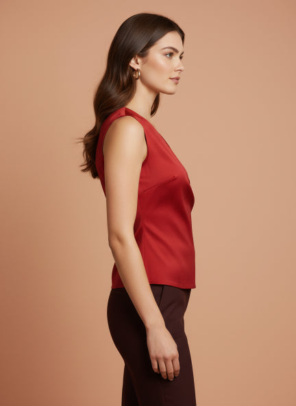 European Satin V Neck Pleated Sleeveless Top