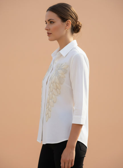 White Beaded Leaf Linen Shirt