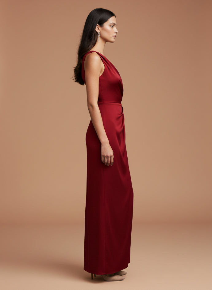 Women's Luxury One-Shoulder European Satin Dress Crimson Red