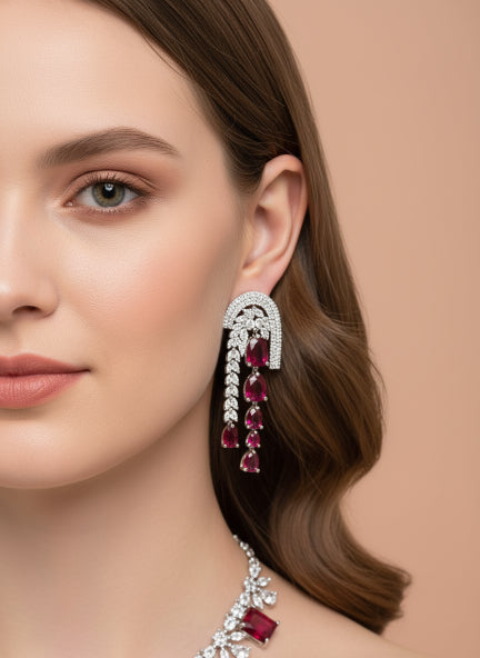 Luxury Silver-Tone Cubic Zirconia Ruby & Emerald Statement Necklace & Earrings Set