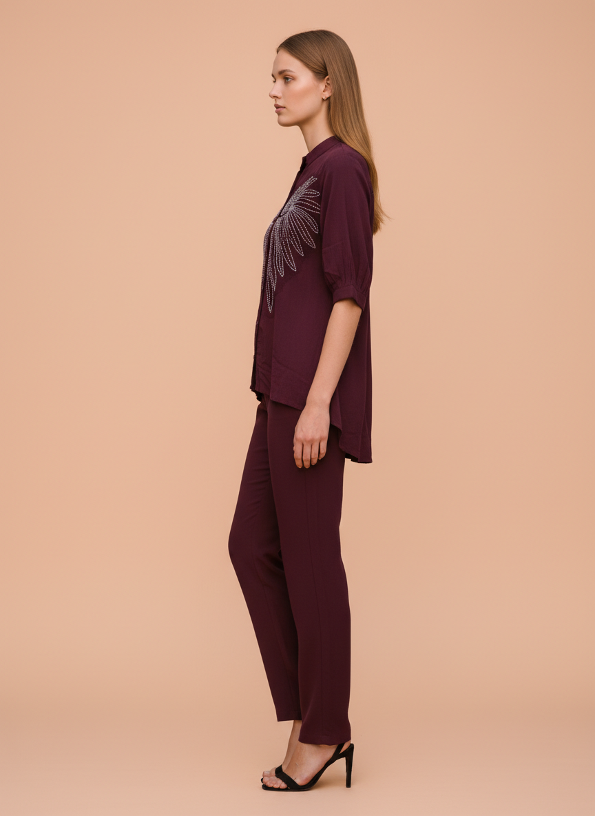 Elegant Burgundy Co-ord Set with Embroidered Detail