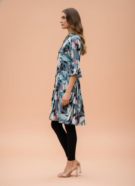 Rayon Printed Fit & Flare V Neck String Midi Dress