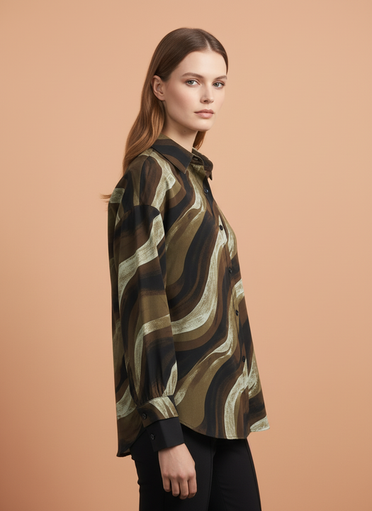 Women's Olive Green & Black Abstract Wavy Printed Oversized Shirt