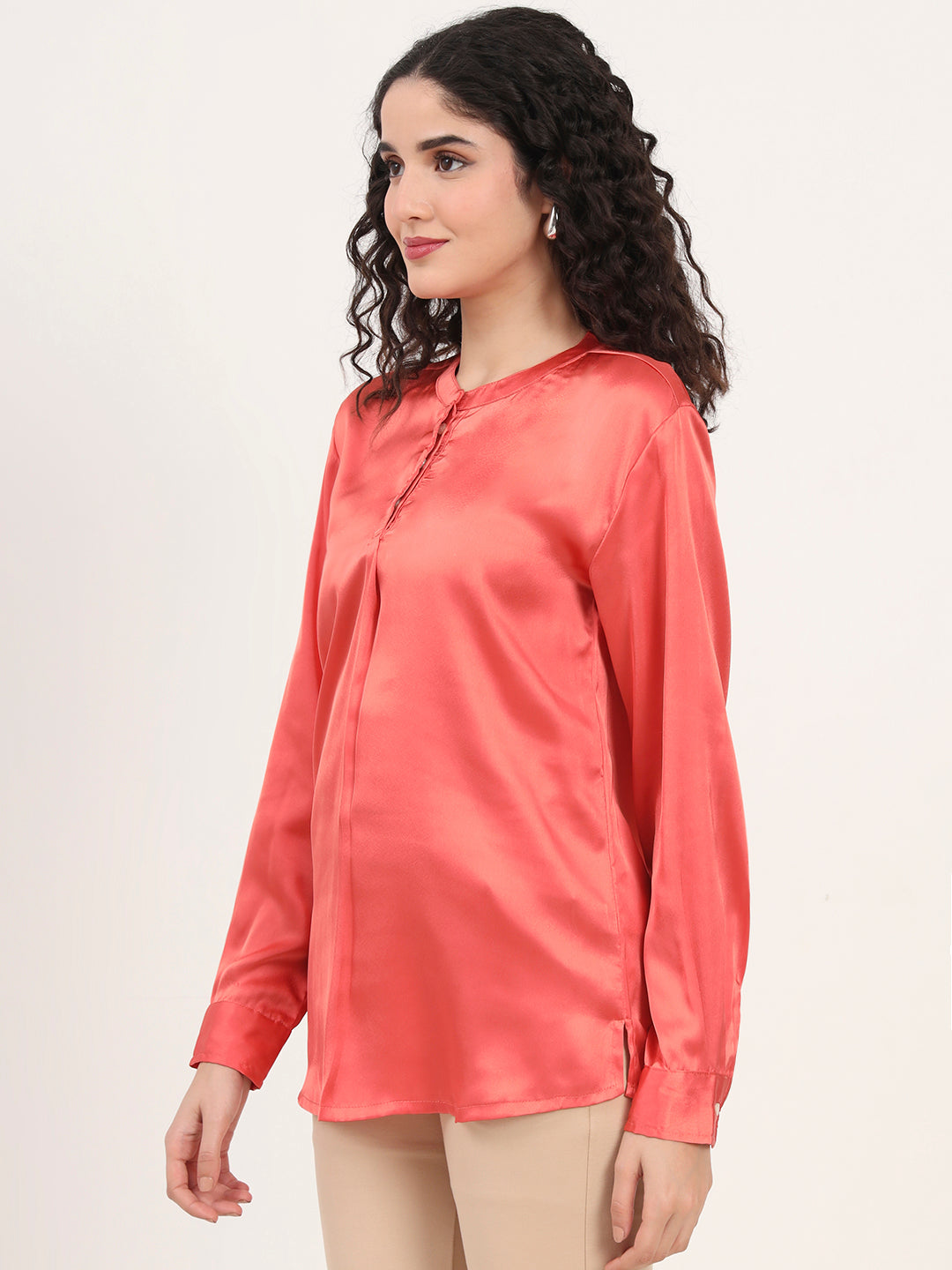Summer Satin Coral Front Pleated Tunic