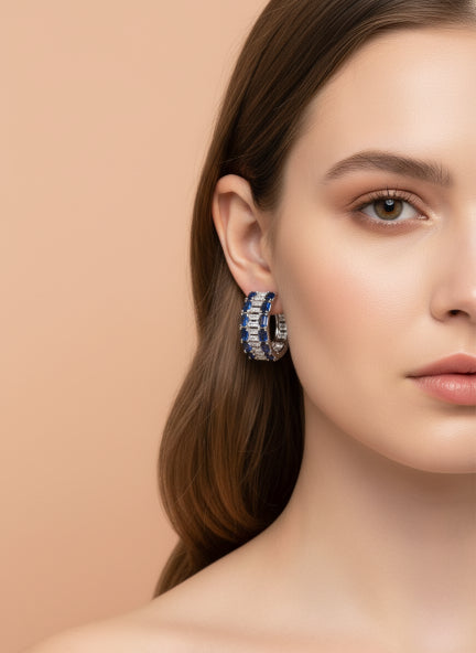 Elegant Blue & Silver Cubic Zirconia Crystal Hoop Earrings for Women