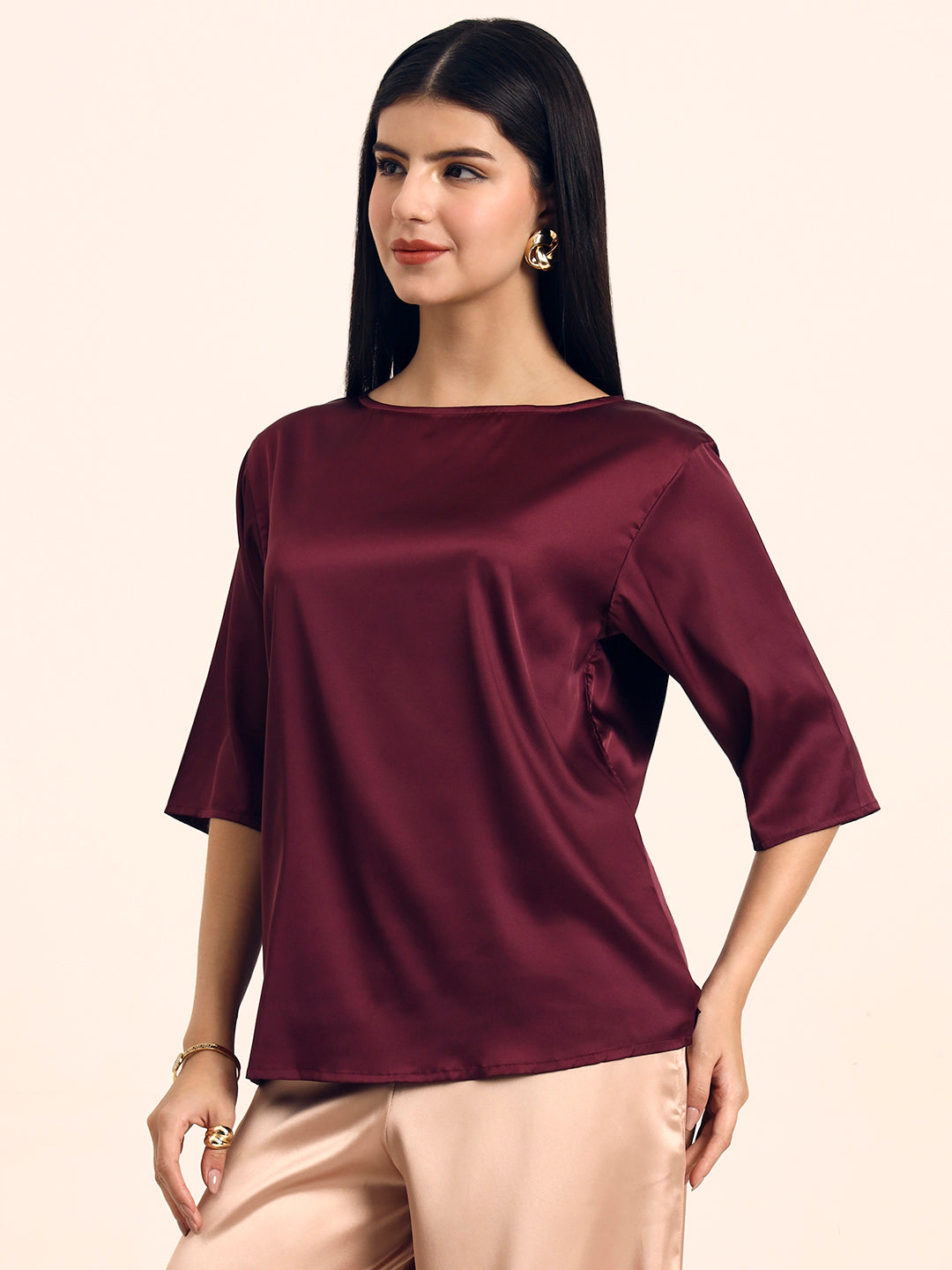 Women's Luxury Elegant Deep Plum European Satin Top