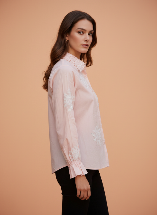 Pink Lace Embroidered Shirt for Women