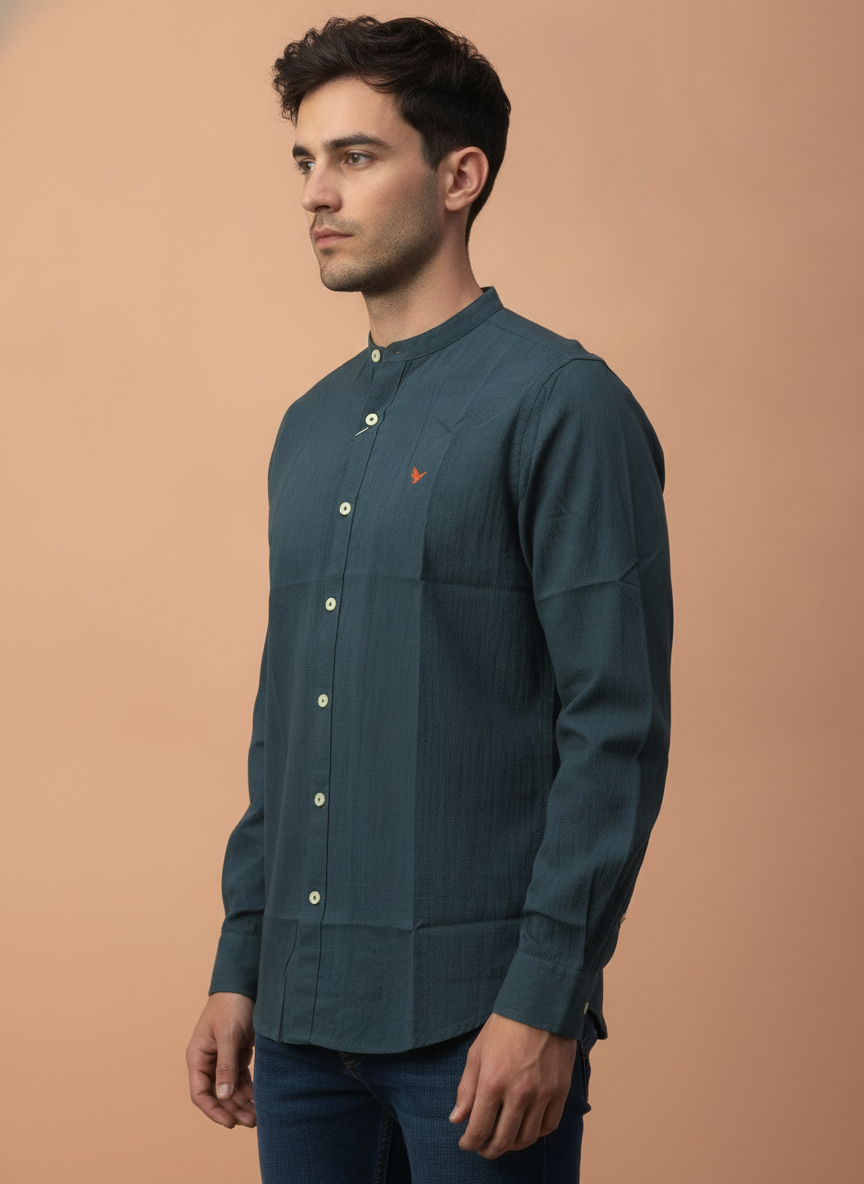 Amswan Premium Men'S Blue Crinkle Cotton Shirt - Mandarin Collar, Long Sleeves