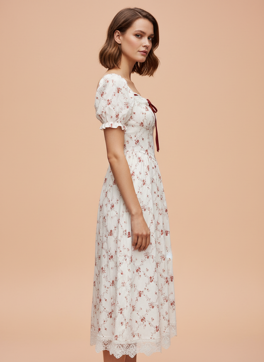 White Floral Puff Sleeve Midi Dress with Lace Hem
