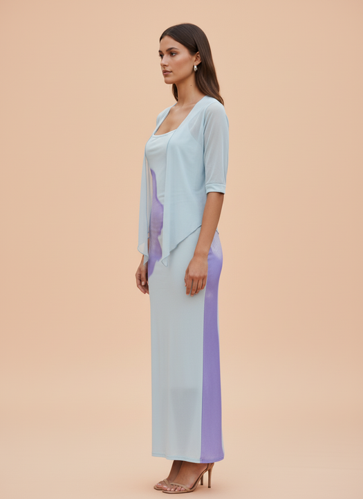 Elegant Women’s Sky Blue Bodycon Maxi Dress with Sheer Shrug