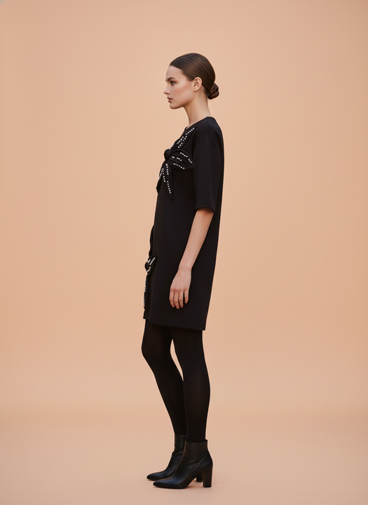 Elegant Black Floral Applique Oversized T-Shirt for Women