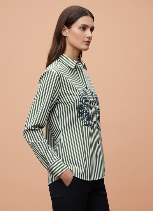 Olive Chic Striped Floral Embroidered Shirt