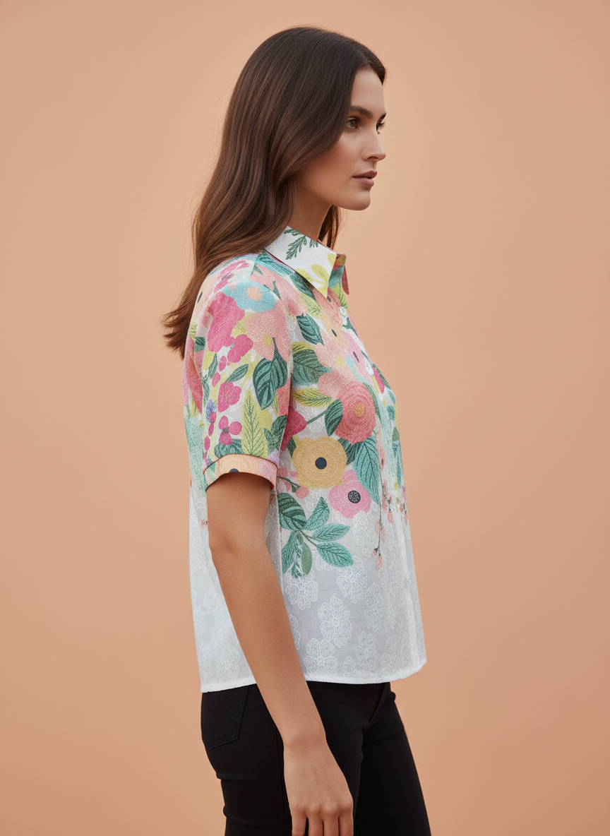Multi Floral Printed Women Short Sleeve Shirt