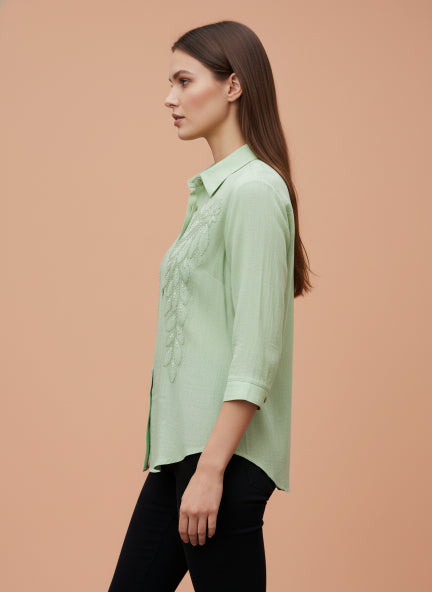 Mint Green Beaded Floral Linen Shirt