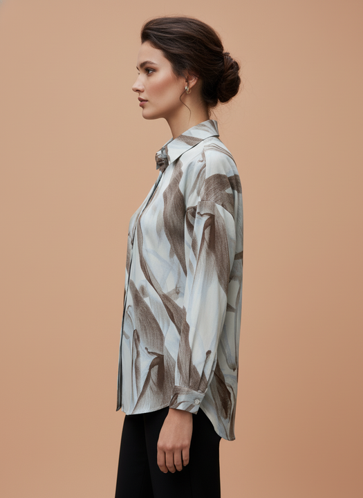 Women Light Blue Brown Abstract Floral Print Button Down Shirt